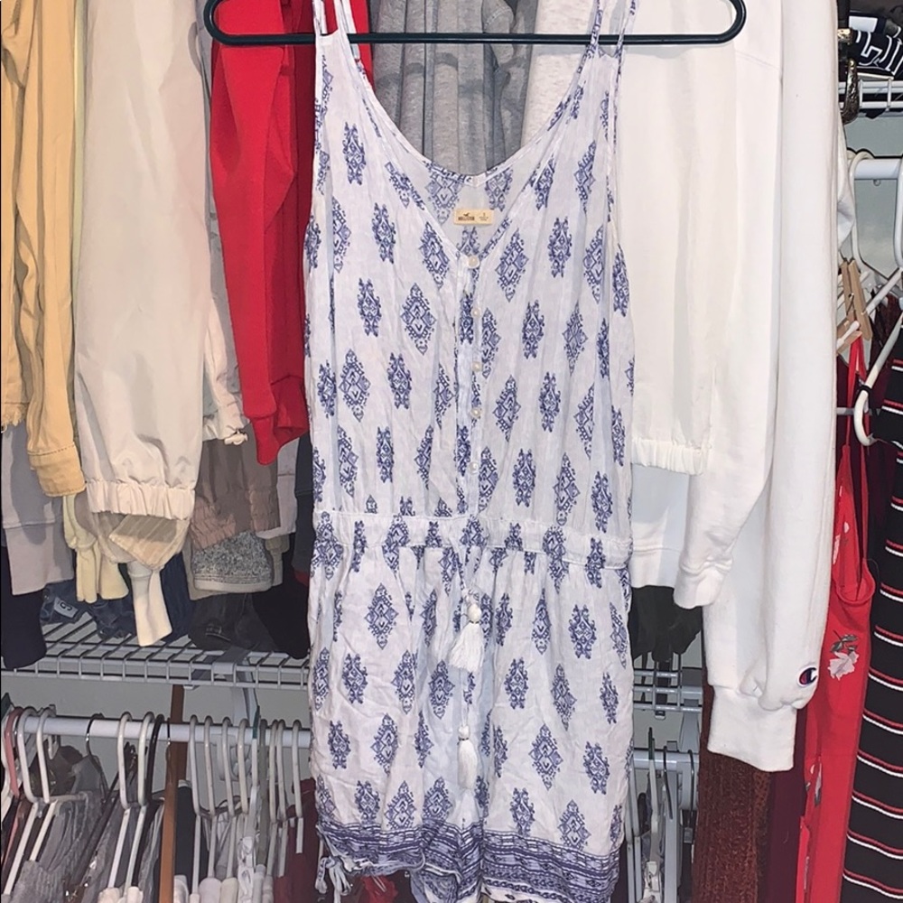 Hollister White Romper with Blue Print